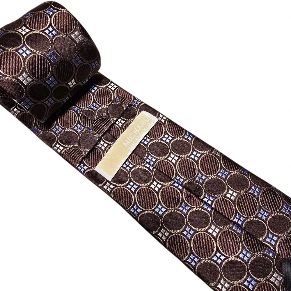 Michael Kors Silk Luxury Tie Black Blue Tan Brown Geometric Circles Men‎ Necktie